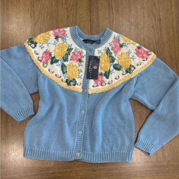 Vintage BIRCH BROS chunky cottage Floral Knit Cardigan - Blue and Yellow - Picture 2 of 10